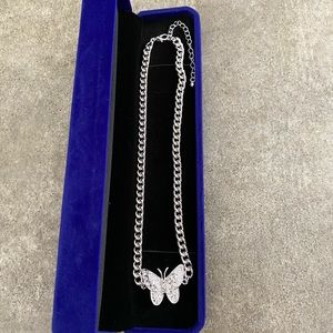 Sterling Silver Diamond Butterfly Cuban Chain Necklace for Women and Men. New.